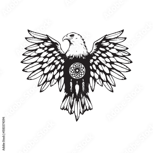A majestic eagle with a dreamcatcher, isolated on white background, symbolizing freedom and spiritual protection with intricate feather details