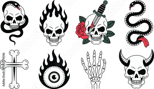 Skull snake rose dagger skeleton hand cross eye devil horns vector