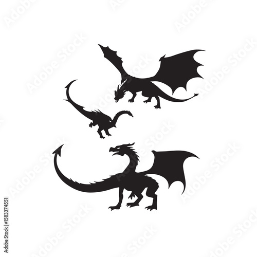 Three blue dragon silhouettes are isolated on white background, showcasing their majestic wings and reptilian features