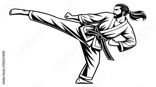Martial Artist Silhouette Performing High Kick – Vector Illustration