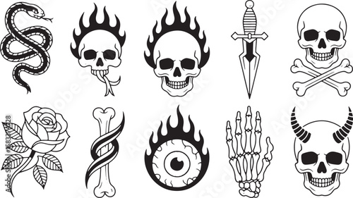 Snake skull dagger rose bone eye hand devil flames tongue