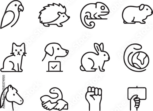 Pets Vector Icon Set  Adjustable Line Weight  Parrot, hedgehog, chameleon, guinea pig, cat, dog, rabbit, turtle, horse, snake, aquarium fish, pony, spider line art vector illustration