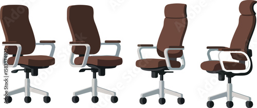 Four modern brown office chairs shown from different angles on a transparent background isolated on transparent background