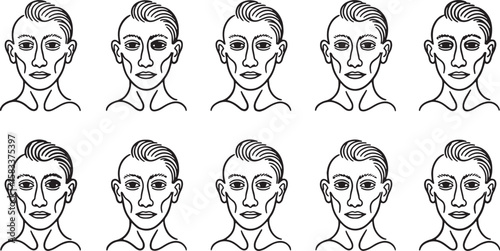 Stylized faces with swept back hair and prominent features head portrait