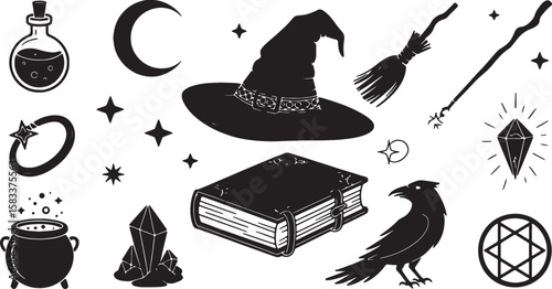 Witchcraft elements potion bottle crescent moon hat broomstick crystals cauldron raven book magic
