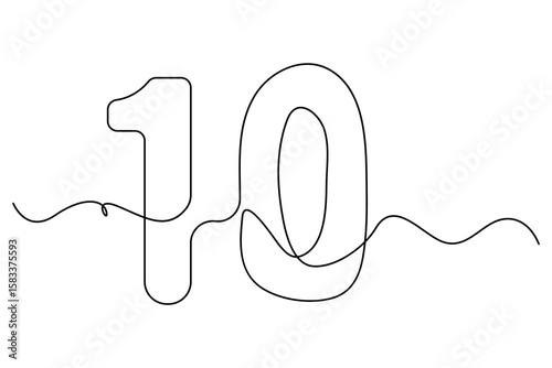 Minimalist continuous one line art of number 10 icon in modern black outline style for education, infographics, and numeric vector illustration
