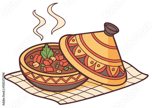 Moroccan Tagine Pot with Aromatic Stew – Vector Art
