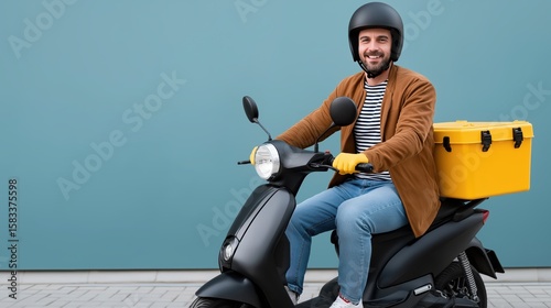 Contactless food delivery concept with courier riding electric scooter, wearing helmet and gloves, urban background, safety, speed, and convenience