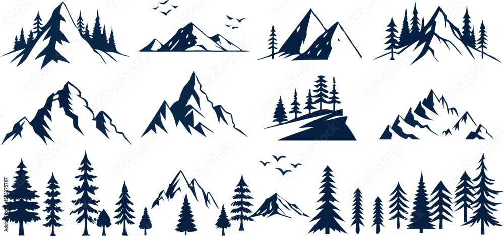 Naklejka premium Mountain and Pine Tree Vector Illustrations Set,Nature Landscape Designs,Mountain Silhouette Vector Design,mountains, and forest landscapes,Mountain icon set vector art,mountains with pine trees,Ai