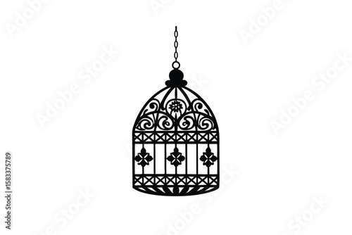 Hanging birdcage with ethnic patterns decorative enclosure vector art illustration