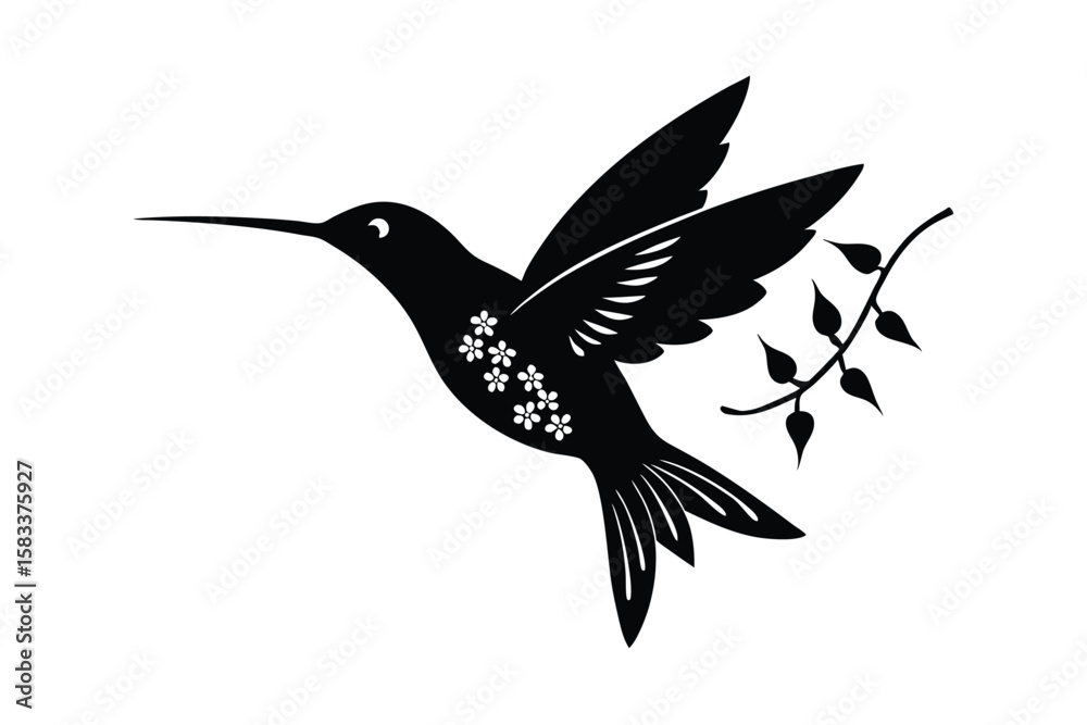 Fototapeta premium Hummingbird with floral Alpona trails vibrant avian vector art illustration