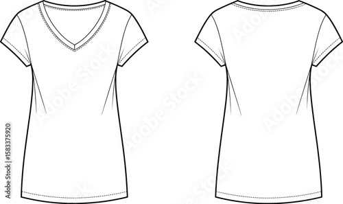 Women’s short sleeve V-neck slim fit t-shirt front and back view, vector template, flat fashion CAD drawing illustration