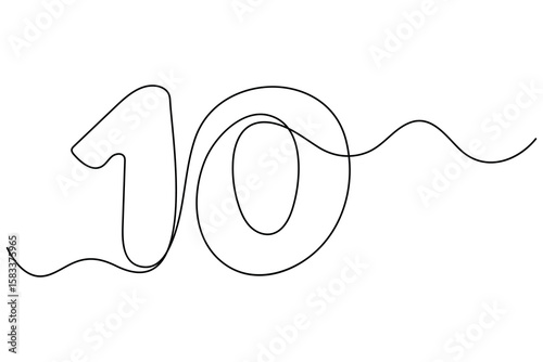 Minimalist continuous one line art of number 10 icon in modern black outline style for education, infographics, and numeric vector illustration
