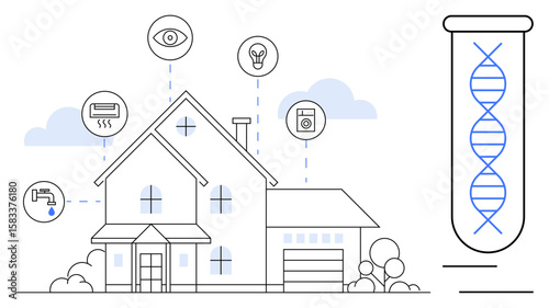 Modern house interconnected with smart devices, DNA strand in test tube. Ideal for innovation, smart living, IoT, health tech, personalized solutions, home automation future tech. Simple flat
