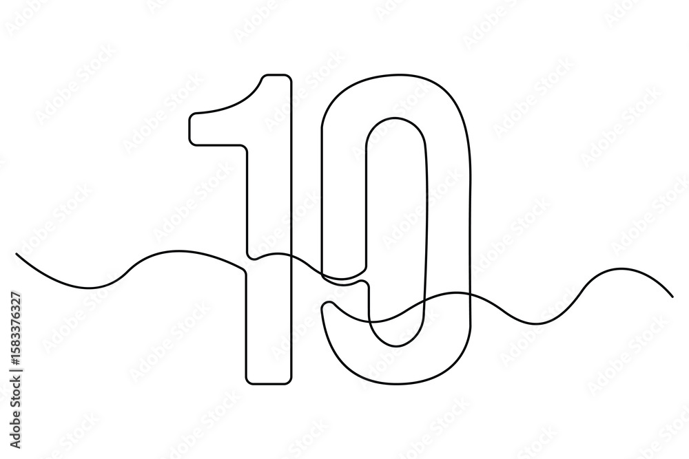 Obraz premium Minimalist continuous one line art of number 10 icon in modern black outline style for education, infographics, and numeric vector illustration 