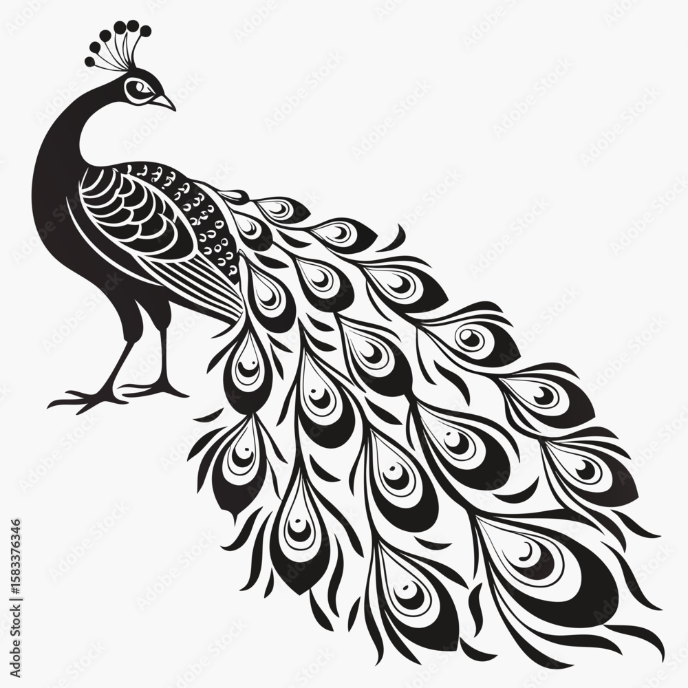 Obraz premium Vector art of elegant peacock with detailed feathers isolated on white background