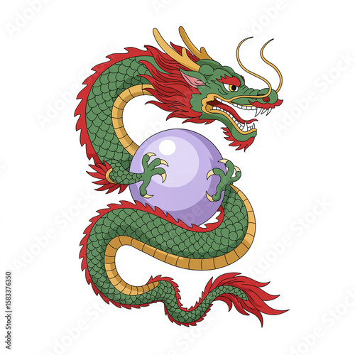 Dragon with pearl in oriental style with bright colors and intricate details on white background