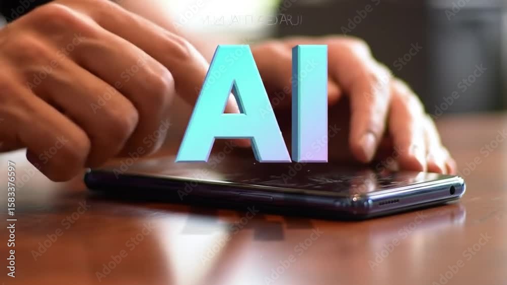 illustration, video, hand with smartphone, AI, technology, chatbot