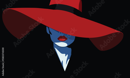  Mysterious Woman in Wide Red Hat and Blue Tones on Black Background Illustration