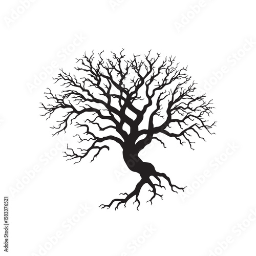 A silhouette of a bare tree with twisted branches, isolated on white background, evokes a sense of winters stark beauty