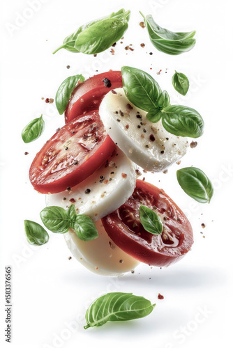 Fresh mozzarella, tomato, and basil salad ingredients falling on white background
