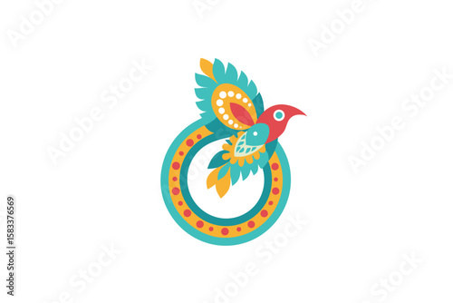 Kaleidoscopic paisley ring with flying parrot vibrant avian vector art illustration
