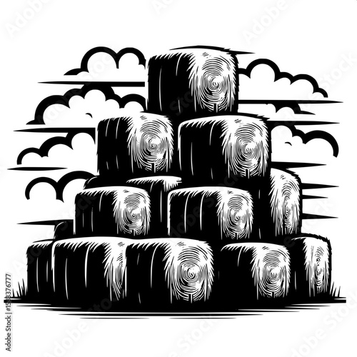 Black and White Vector Silhouette of a Stack of Hay Bales