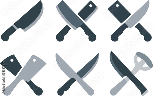 Collection of six stylized kitchen knives and cleavers in various crossed and single arrangements isolated on transparent background