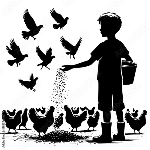 Black and White Vector Silhouette of a Boy Feeding Chickens