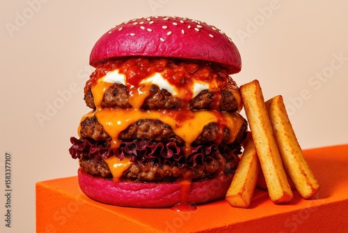 Gourmet triple beef burger with vibrant pink bun and melted cheese served with crispy fries on orange surface