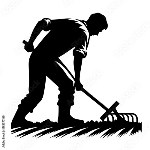 Black and White Vector Silhouette of a Farmer Tilling Soil