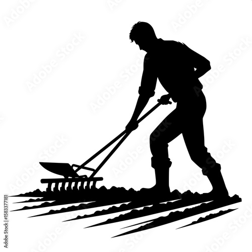 Black and White Vector Silhouette of a Farmer Tilling Soil
