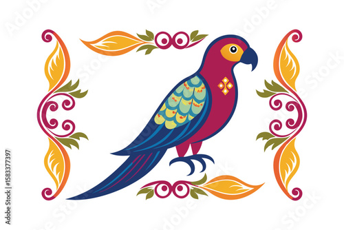 Majestic parrot with ornamental border of paisley intricate avian vector art illustration