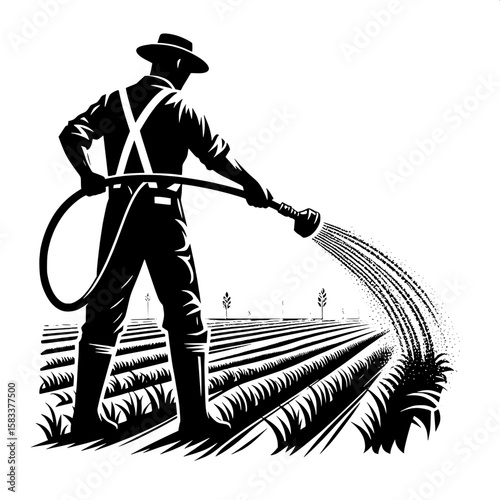 Black and White Vector Silhouette of a Man Watering Crops with Hose