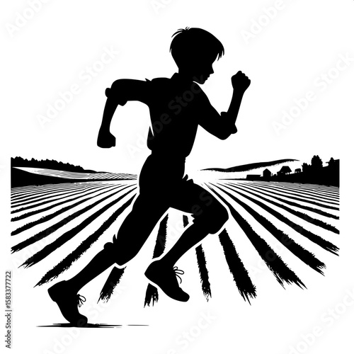 Black and White Vector Silhouette of a Boy Running Across Field