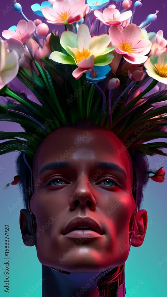 Robot face transforms into human as flowers bloom in surreal vertical animation. Concept of rebirth, artificial-to-organic evolution, identity metamorphosis, emotion, and futuristic harmony.