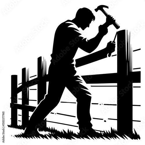 Black and White Vector Silhouette of a Man Fixing Fence Post