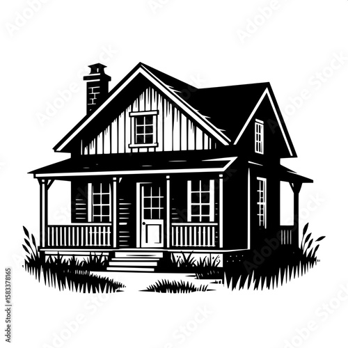Black and White Vector Silhouette of a Farmhouse with Porch