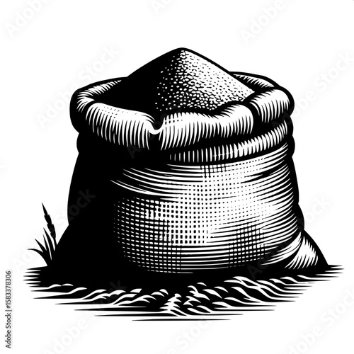Black and White Vector Silhouette of a Sack of Grains on Ground