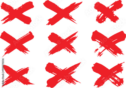 Nine rough red brush stroke x marks or crosses symbolizing negation error incorrect or wrong isolated on transparent background