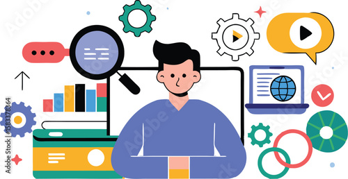 A collection of dynamic illustrations representing Search Engine Optimization (SEO), featuring magnifying glasses, web elements, and graphs to convey digital marketing strategies and online visibility