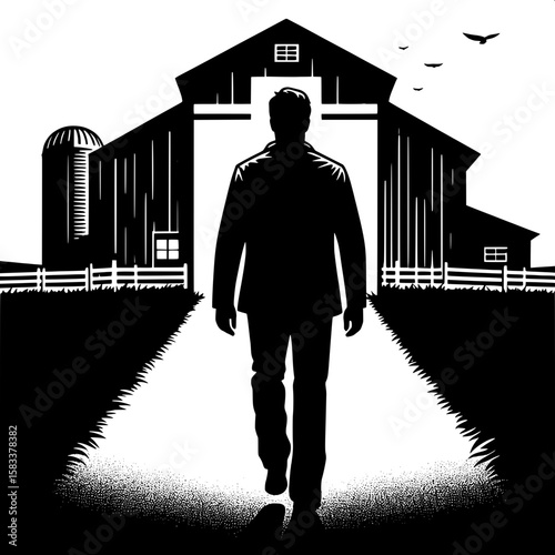 Black and White Vector Silhouette of a Man Walking Toward Barn