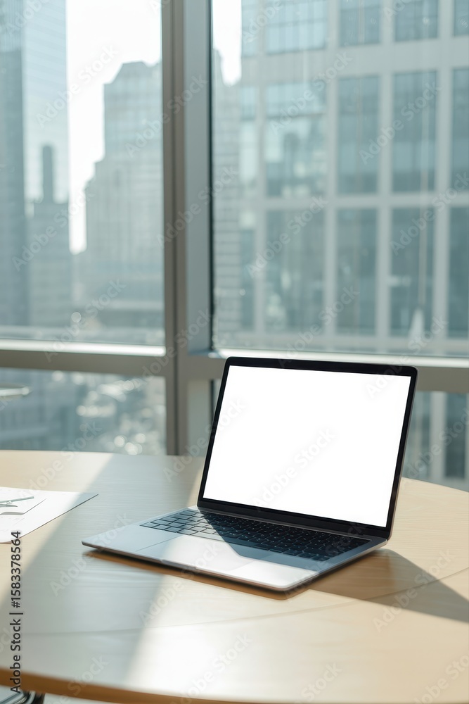 custom made wallpaper toronto digitalA laptop with a blank screen sits on a desk with a city view