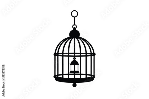 Ornamental birdcage with hanging bell decorative item vector art illustration
