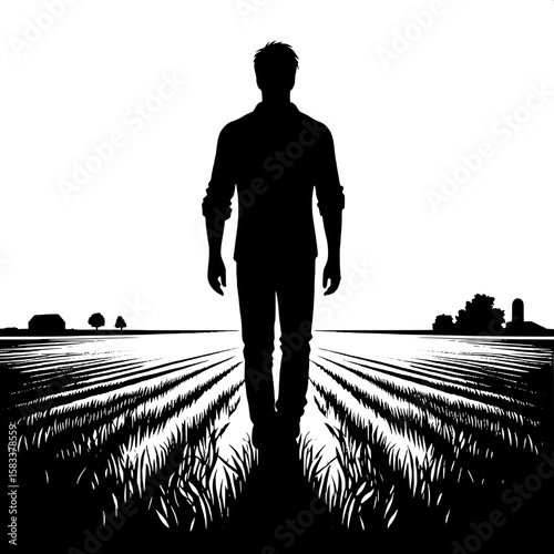 Black and White Vector Silhouette of a Man Walking Through Field