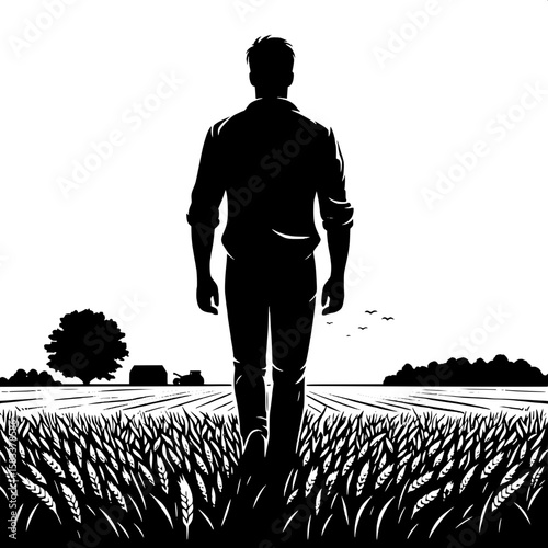 Black and White Vector Silhouette of a Man Walking Through Field