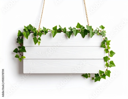 White wooden sign ivy leaves hanging blank mockup