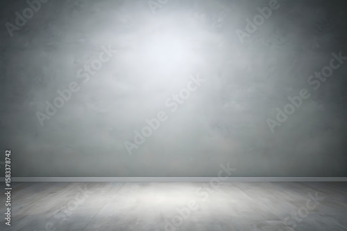An empty interior room with a textured concrete wall and a wooden floor, illuminated by a bright spotlight creating dramatic shadows and a moody atmosphere