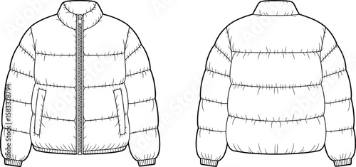 Front and back technical sketch of winter puffer jacket, CAD flat vector illustration for fashion design, apparel, and outerwear template