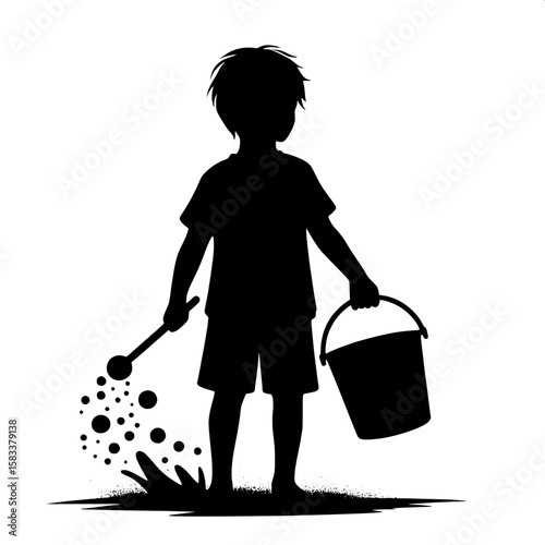 Black and White Vector Silhouette of a Boy Carrying Water Bucket